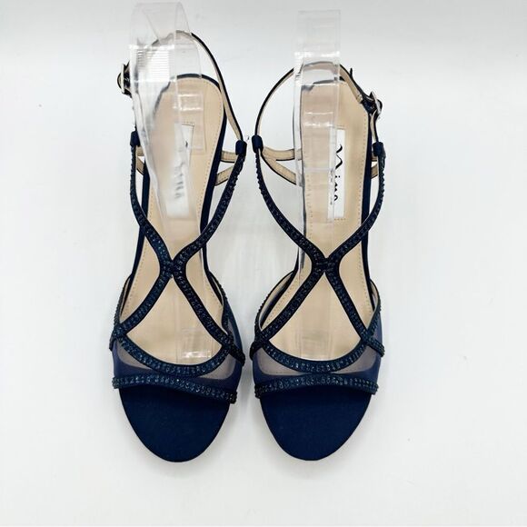 Nina Navy Blue Satin Blossom Slingback Crystal Open Toe Evening Sandal Prom 8.5 - Picture 3 of 14